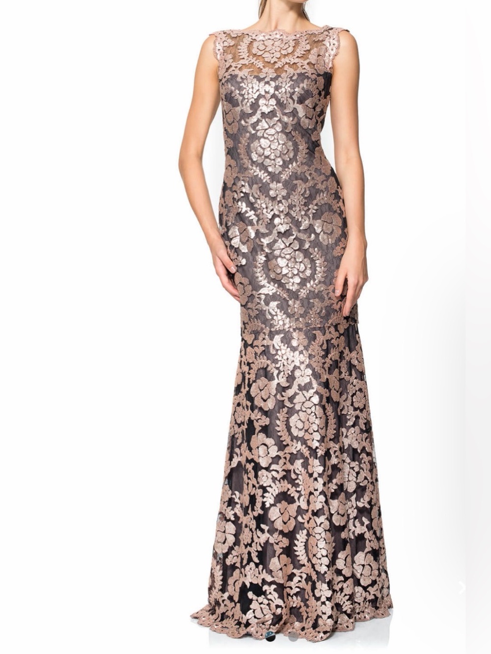 Tadashi Shoji Metallic Lace Sequin Mermaid Evening Gown Formal Dress Size 4